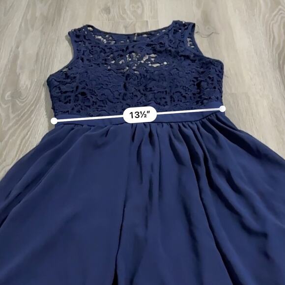 Lulus Romantic Tale Navy Blue Crochet Lace Open Back Mini Skater Dress Size M - Picture 12 of 13